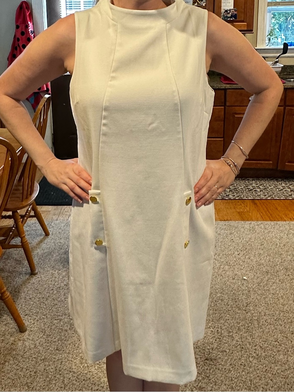 Sleeveless Cream Shift Dress with Gold Button Detail